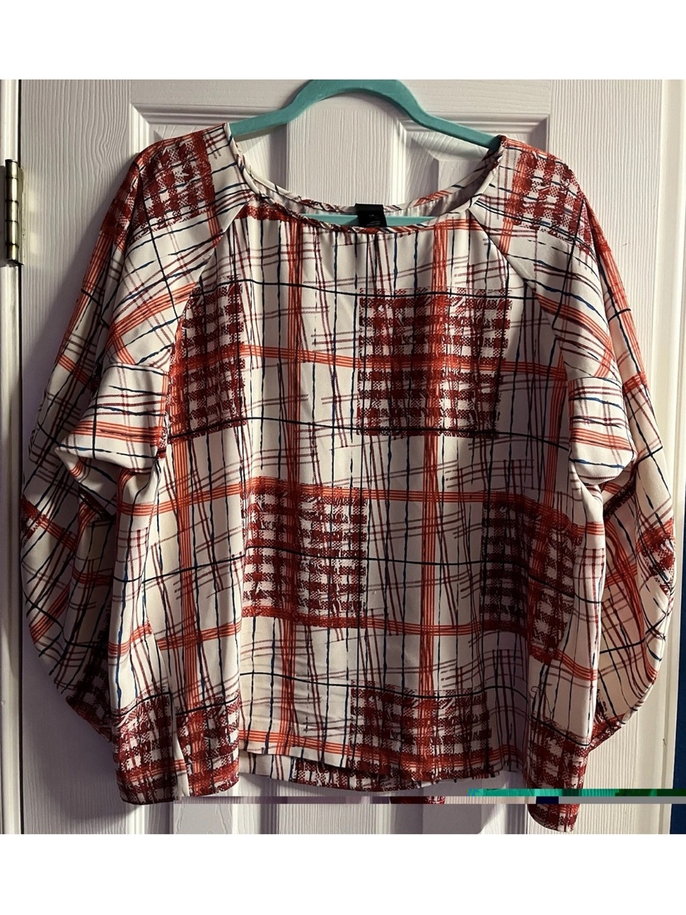 Women’s Plaid Print Dolman Sleeve Top - Rust on White Size 10